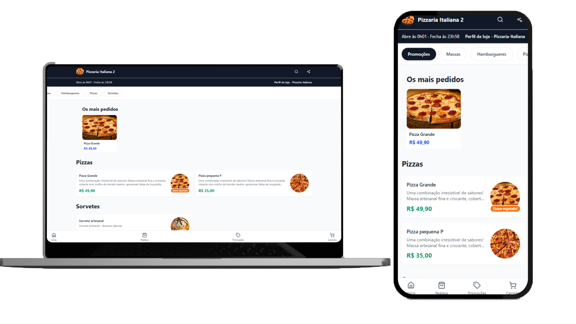 Mockup da loja online para clientes Fome Dique